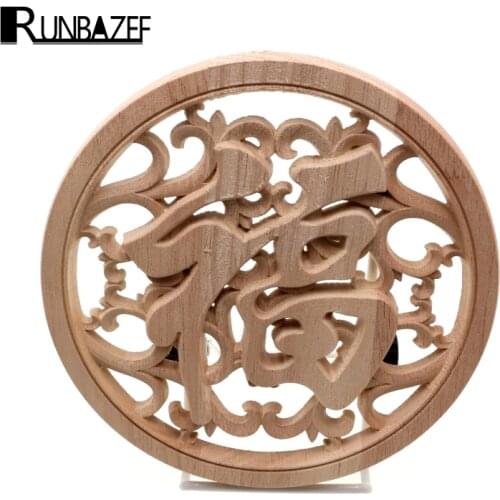 RUNBAZEF Chinese Elements Circular Wood Carved Decal Corner Applique Decorate Frame Doors Furniture Wooden Decorative Crafts