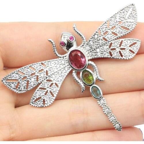 63x49mm Multi Color Dragonfly Created Hollow Tourmaline Peridot Aquamarine White CZ Silver Pendant