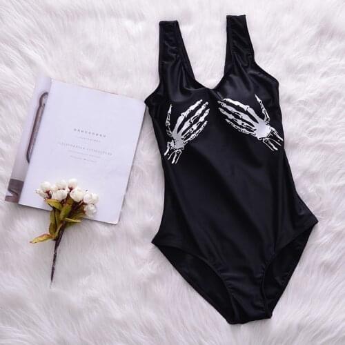 Skull Hand Print Summer Sexy Bandage Black One Pieces Swimwear Women Sport Swimsuit Hot Girls Beach Wear Pool Bathing Suit
