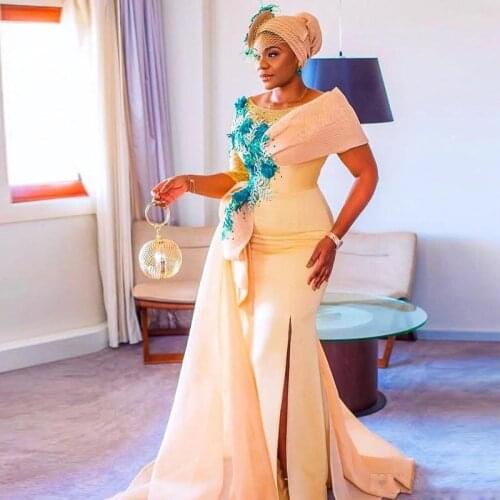 African Mermaid Evening Dresses With Detachable Train Sequins Flowers Bow Side Split Prom Dress Satin Plus Size Party Gowns