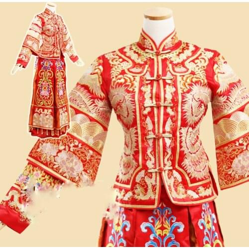 Vintage Golden Embroidery Xiu He Fu Chinese Traditional Wedding Hanfu Bride Dress Republican Period Wedding Hanfu Costume