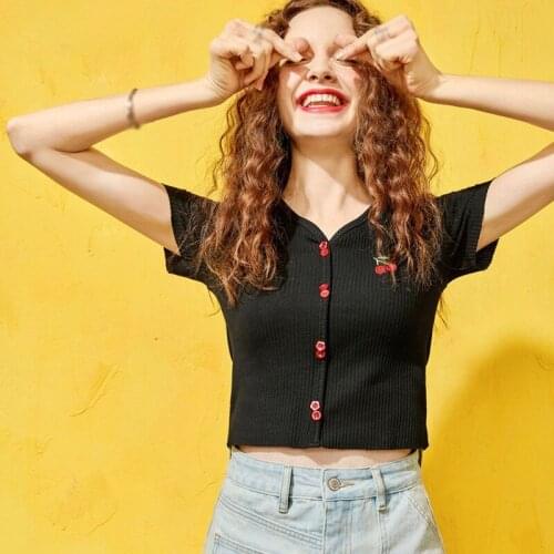 Women Cherry Embroidery Knitted Tee Female Cute Buttoned Up Tops V-Neck Solid Short Sleeve Crop T-shirt Summer