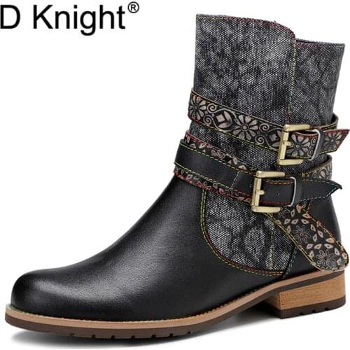 Women Autumn Winter Genuine Leather Ankle Boots Side Zipper Round Toe Square Heel Patchwork Casual Ladies Booties Shoes Big Size