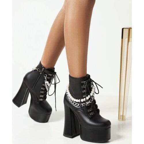Pearl Chain High Hollow With Punk Style Large Size Mid-Tube Boots Metal Chain High Waterproof Platform Heightening Womens Boots