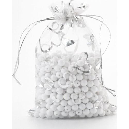 100pcs/lot 7x9cm Hearts Design White Organza Bags Wedding Jewelry Candy Gift Packaging Bags Organza Pouches Drawstring Gift Bag