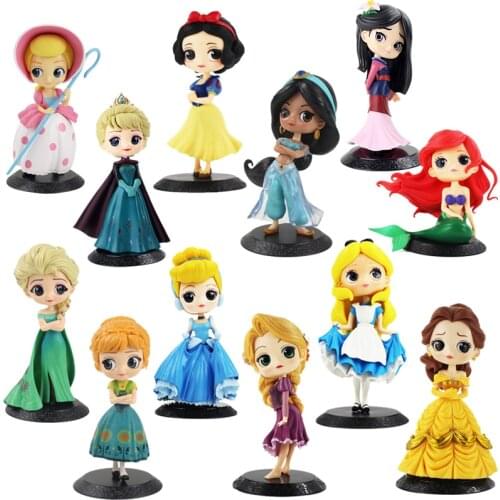 12-14cm Disney Q Posket Princess Figures Anna Snow White Alice Elsa Sofia Cinderella Tangled Tinkerbell Mulan Mermaid Model Toys