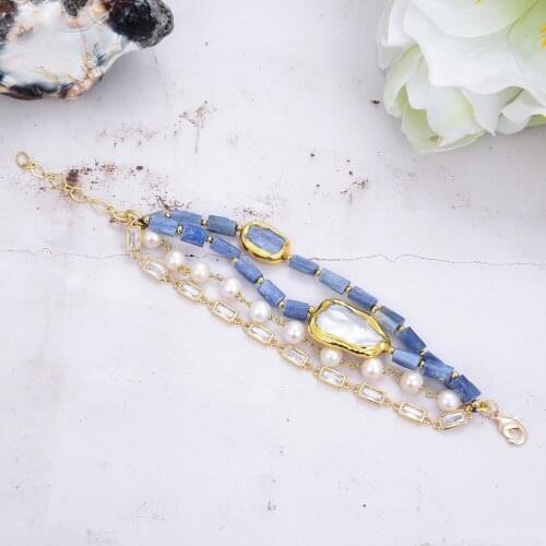 4 Rows Natural White Pearl Blue Natural Kyanite Cz Golden Plated Chain Bracelet