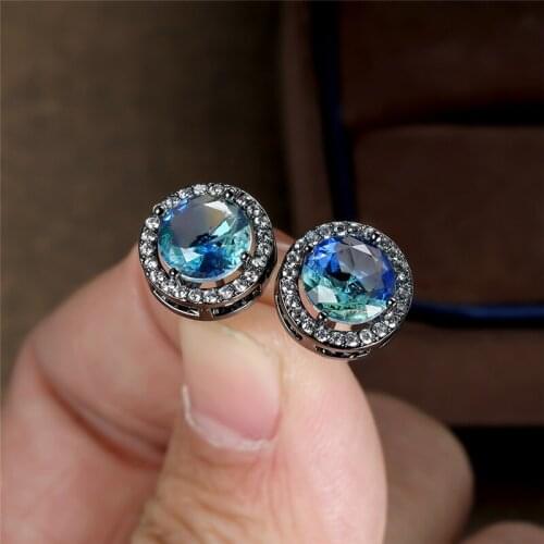 8MM Round Stone Blue Green Zircon Stud Earrings For Women Wedding Jewelry Vintage Fashion Rainbow Crystal Black Gold Earrings