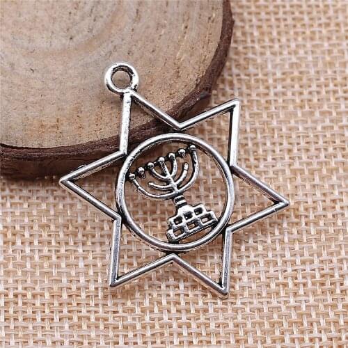 Charms for Jewelry Making Findings Handmade DIY Craft 10pcs Antique Silver Color 39x32mm Jewish Menorah Six-Pointed Star Pendant