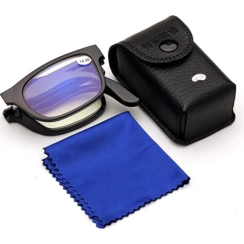BAOBAOYANG Floding Mens Reading Glasses Small Leather Box Women Reading Eyewear Anti Blue Light Old People Convenient Eyeglasses