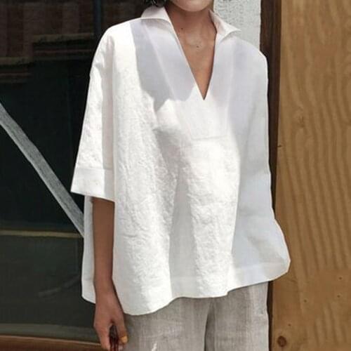 2020 Linen Shirts Blouse Women Plus Size Tops V Neck Women Blouses Short Sleeve Casual Loose Ladies Kobiety Bluzki