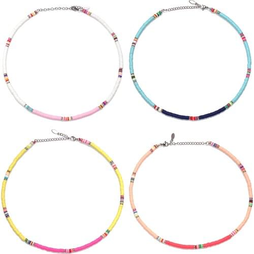 Boho 4mm Polymer Clay Heishi Stainless Steel Beads Surfer Necklace 2021 New Fashion Pretty Chain Bohemian Summer Choker Gift