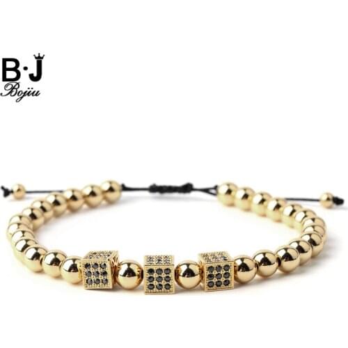 BOJIU 19cm Bracelet Men Ajustable Size Men Jewelry High Quality Plated Bead Square Zirconia Pave Bead Men Bracelet MBC30