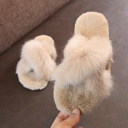 Outdoor Flat All-match Kids Furry Slippers 2021 Autumn Winter Childrens Home Slippers Girls Indoor Warm Cotton Baby Slides