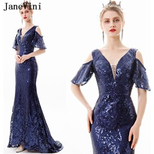 JaneVini Fashion Navy Blue Prom Dresses Long 2019 Mermaid V Neck Sparkle Sequined Sexy Backless Formal Party Gowns Robe De Gala