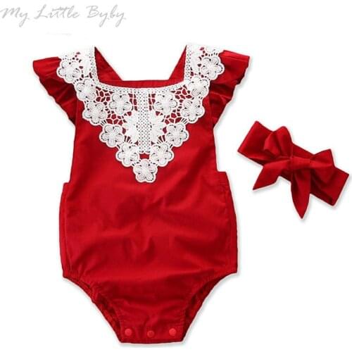 2020 New Fashion Newborn Toddler Baby Girl Romper 2PCS Short Petal Sleeve Lace Backless Elastic Waist Red Jumpsuits Headband