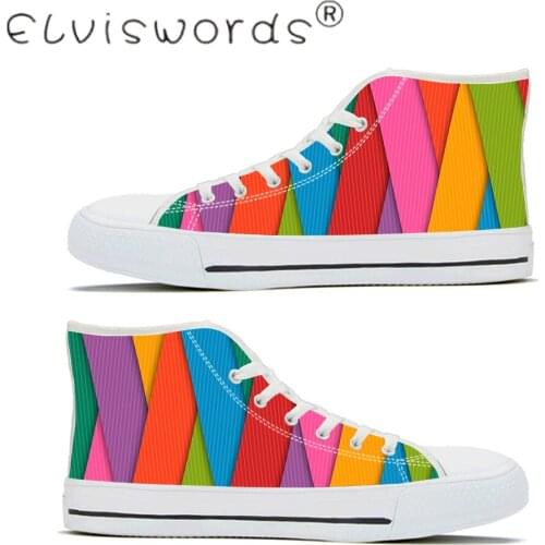 ELVISWORDS Vulcanize Shoes Women Rainbow Geometric/Stripes Desigs Shoes Spring Outdoor Breathable White Canvas Lace-Up Sneakers
