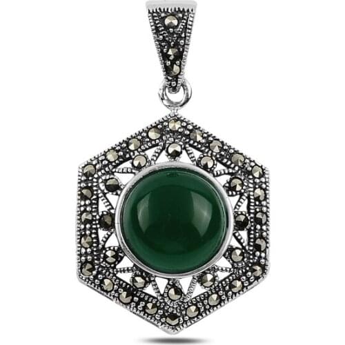 Silver 925 Sterling Natural Stone & Marcasite Pendant