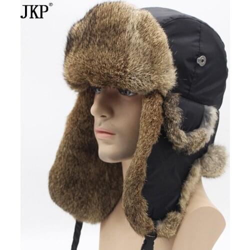 Bomber Trapper Hats Thick Winter Warm Rabbit Fur Hat Rex Snow Caps Ear Flap Caps ushanka Russian For Men