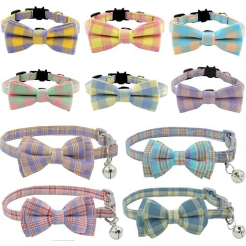 Cute Bowtie Cat Collar with Bell Adjustable Breakaway Classic Plaid Kitten Collars with Removable Bow For Kitty Puppy Small Dogs
