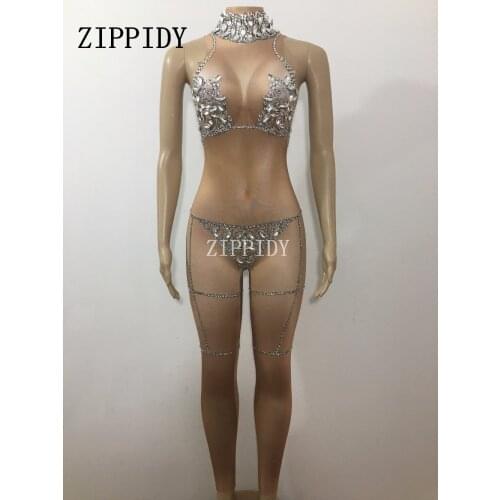 Fashion sexy crystals rhinestones Womens Nude Costume Stage Wear Bodysuit Women Singer Nude Stretch Outfit