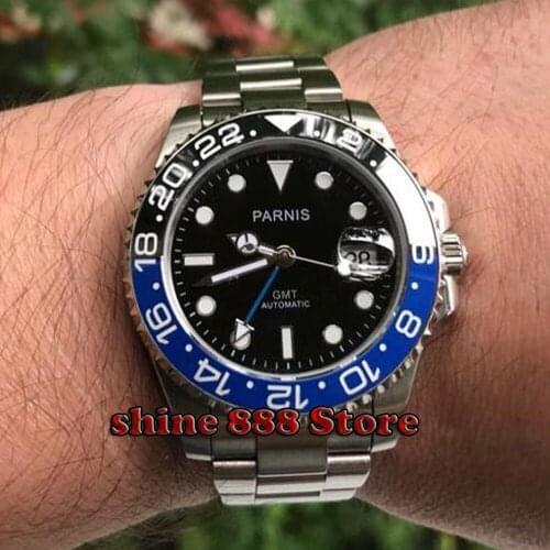 40mm Parnis Black and blue Ceramic Bezel black dial blue GMT hands luminous marks sapphire glass automatic Mens Watch