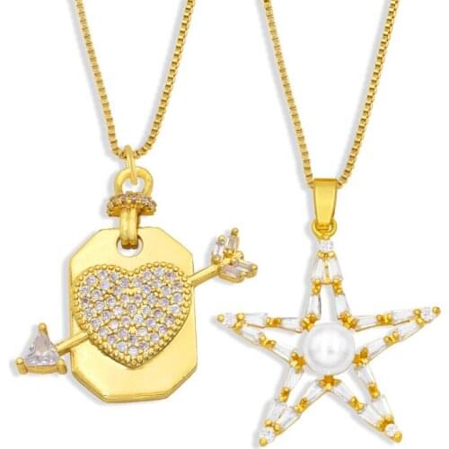 2021 New Love Heart & Star Pendant Dainty CZ Prong Setting Zircon Necklace Korean Style Luxury Party Jewelry Gift