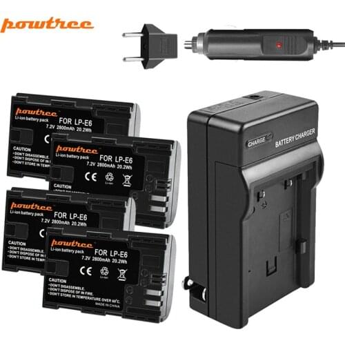 Powtree 7V 2800mAh LP-E6 Battery + Car Charger For Canon LP-E6 6D Mark II 5D 60D 7D 80D DSLR Camera