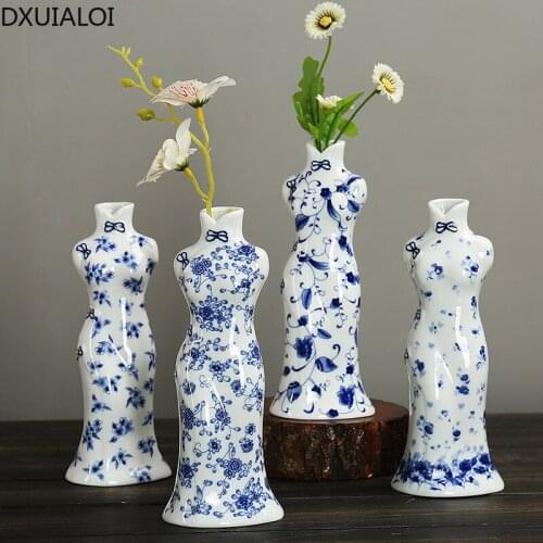 DXUIALOI Simple Blue and White Porcelain Cheongsam Flower Arrangement Vase Ceramic Crafts Living Room Desktop Dried Flower Vase