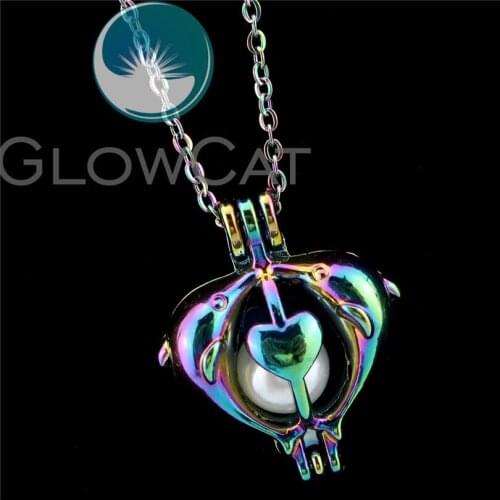 R-C14 Rainbow Colors Dolphin Heart Beads Cage Pendant Perfume Diffuser Aromatherapy Pearl Cage Locket Necklace