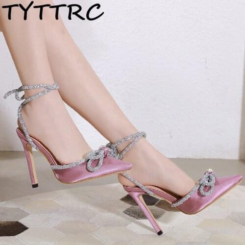 Luxury Glitter Rhinestones Women Pumps Crystal Bowknot Satin Summer Ladies Dress High Heels Party Sexy High Quality Prom Shoes