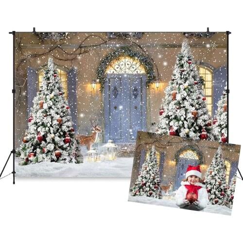 Christmas Wood door Backdrop Snowfalke Window Cloud Backdrop Family Christmas Trees Window Gift party Background Photobooth