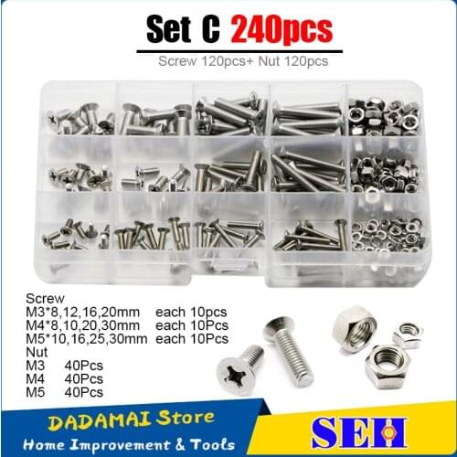 SEH 240Pcs/set Countersunk Flat Head Screw M3 M4 M5 Hex Nuts Stainless Steel Machine Cross Phillips Screw And Nut Assortment Kit