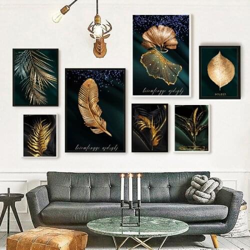 Modern Gold Leaves Paintings Home Decors Living Room Black Poster Wall Art Canvas Painting Decoration Sofa Background Wall Decor