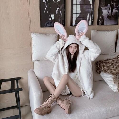 Women 2021 Winter Mew Faux Fur Jacket Female Mid-length Cute Hooded Coats Ladies Rabbit Ears Faux Rex Rabbit Fur Overcoats R331