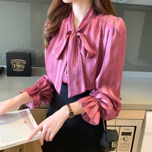 Satin Silk New Spring Autumn New Elegant Lace Up Bow Blouse Women Office Long Sleeve Solid Chiffon Shirt Slim Fit Blusas