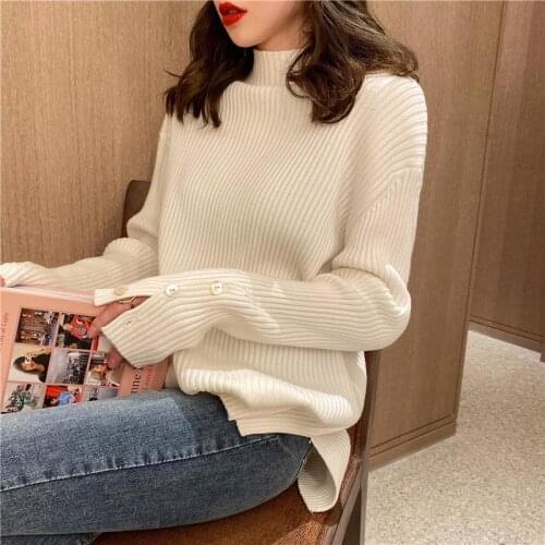 Sweater women 2021 new autumn and winter solid color loose outer wear half high neck knitted pullover all-match top