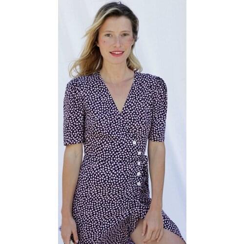 Women Dress Multicolor Optional Puff Sleeve V-neck Side-breasted Printed Dress