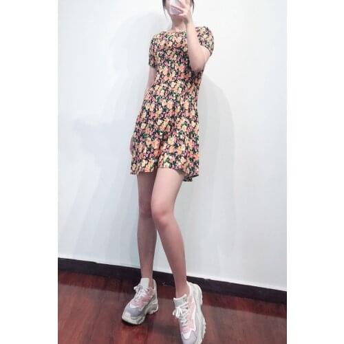 Patads French fashion fresh floral short sleeve dress spring and summer slim ladies short skirt e19rockinie