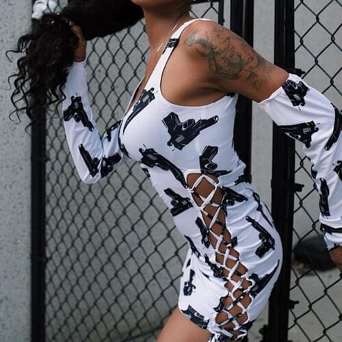 2021 High Street Pistol Printing Side Hollow Out Ruched Fashion Ladies Dress U Neck Bandage High Waist Dress With Gloves Females