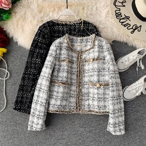 Autumn Tweed Coat 2020 Fashion Womens Small Fragrance Long Sleeve Wool Coat Vintage Cardigan Short Woolen Jacket Coat XL