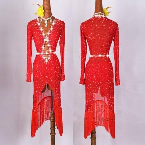 Shiny Rhinestone Latin Dance Dress Female High-end Custom Red Elastic Mesh Gauze Sexy Rumba Latin Dresses Women Dance Clothes