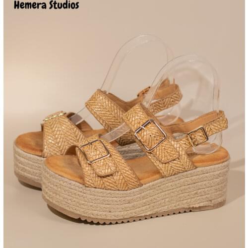 Hemera Studios sandals women 2021 summer with buckle espadrille platform flat wedge shoes raffia braided espadrilles