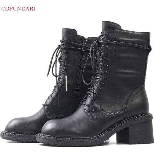 Black Genuine Leather High Heels Ankle Boots For Women Motorcycle boots Ladies Autumn Winter Short Boots Shoes Bottines Femme