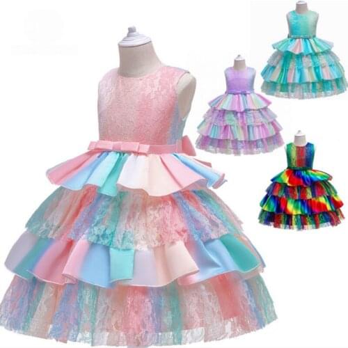 Girls Party Dress Kids Elegant Lace Cake Princess Dresses Children Christmas Wedding Embroidery Rainbow Gradient Clothing