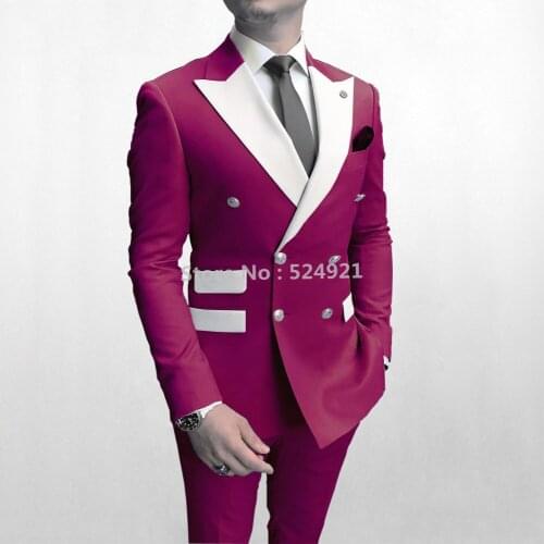 Double Breasted Men Suits Hot Pink Groom Tuxedos Peak White Lapel Groomsmen Wedding Best Man 2 Pieces ( Jacket+Pants+Tie ) D46