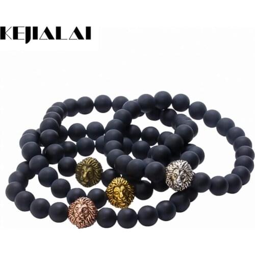 KEJIALAI 2018 Hot Sale Beaded Bracelet Antique Buddha Leo Lion Head & 8mm Matte Black Stone Beads Elastic Rope Pulseras Colar