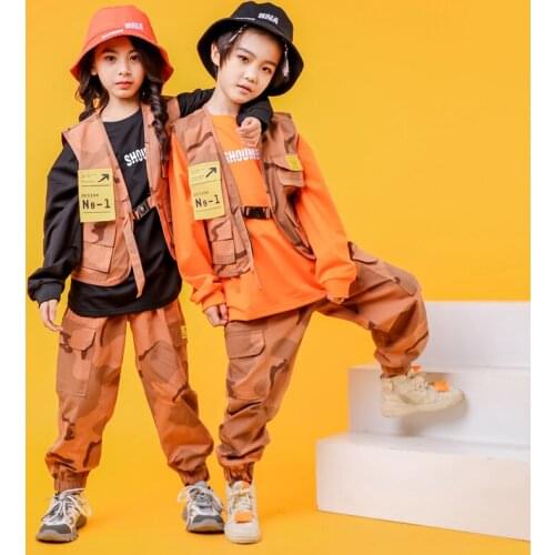 Boys Girls Jazz Hip Hop Dancing outfits Orange camouflage Costumes Kids Adult Modern Party Show Clothing Vest Hoodies Pants sets