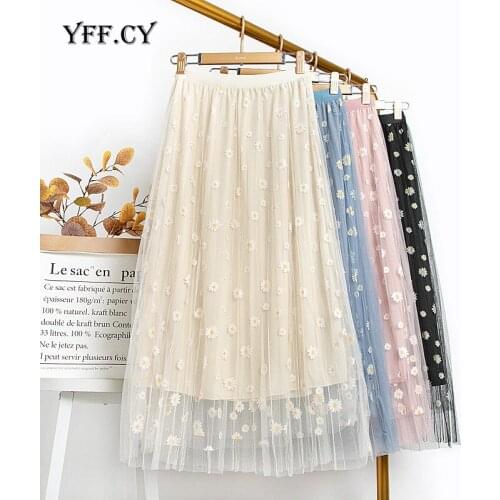 Korean Daisy Flower Chiffon Midi Skirt Women 2020 Spring Summer Elegant High Waist Long A-line Pleated Skirt Female Girls