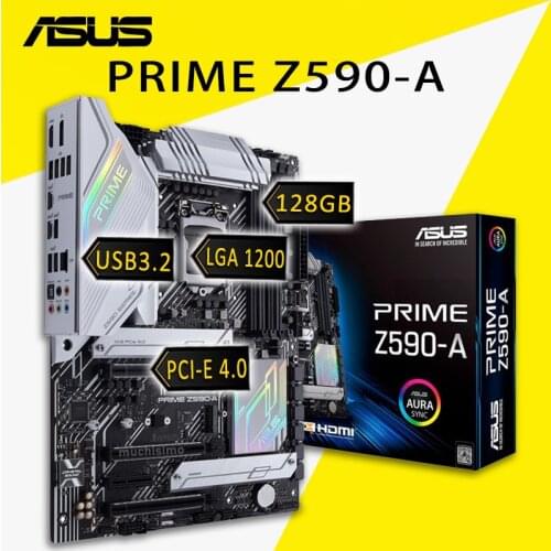 LGA 1200 Asus PRIME Z590-A Motherboard DDR4 128GB PCI-E 4.0 M.2 SSD Overlocking RGB Intel Z590 Placa-mãe 1200 Intel CPU ATX New